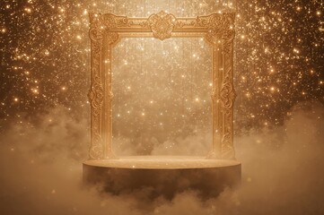 Poster - Elegant Golden Framed Stage with Sparkling Light Effects for Premium Product Showcase and Luxury Event Presentations