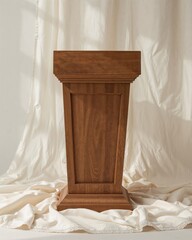 Poster - Elegant presentation, Warm wooden podium on soft cream fabric, perfect for showcasing products with a touch of sophistication and natural charm