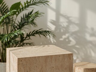 Poster - Elegant product display featuring a warm beige stone table, complemented by a lush green plant and soft, natural light enhancing the composition