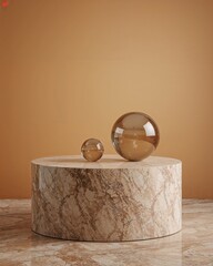 Poster - Elegant Still Life Featuring Glossy Terrazzo Pedestal with Veins and Translucent Spheres on a Matching Surface
