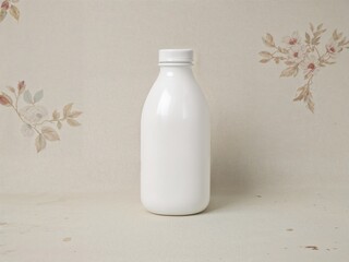 Poster - Elegant Still Life, White Bottle Against a Delicate Floral Pattern on Vintage Beige Fabric Backdrop with Subtle Distressing