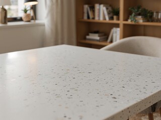 Poster - Elegant Terrazzo Tabletop, A Study in Modern Design and Subtle Textures with a Blurred Interior Background
