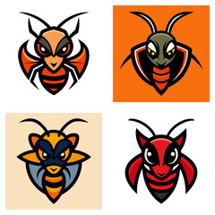 Poster - Four cartoon wasp mascot logos in orange, green, yellow and red with black outlines and angry eyes