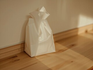 Poster - Lucid Realism, A Semitransparent Crumpled White Bag Leaning Against a Wall on Light Wooden Floor, Subtle Textures
