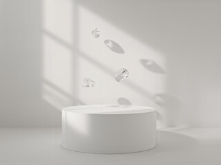 Poster - Minimalist Display, Sleek White Acrylic Step with Levitating Clear Geometric Shapes and Subtle Shadow Play for Product Presentation