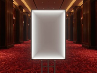 Poster - Illuminated blank poster frame standing in an elegant hallway adorned with ornate columns and a rich, patterned red carpet