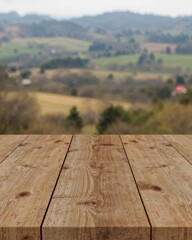 Poster - Rustic Charm, Warm Pinewood Tabletop Overlooking a Scenic Vista with Rolling Hills and Lush Greenery in the distance