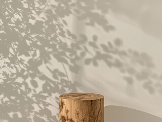 Poster - Rustic wooden pedestal bathed in natural light, adorned with delicate leaf shadows, evokes serene, organic elegance and minimalist style.