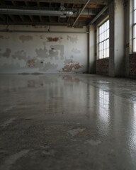 Poster - Sleek industrial space with a high gloss polished concrete surface reflecting natural light from large windows creating a modern minimalist aesthetic