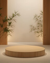 Poster - Sleek minimalist light bamboo podium positioned in a softly illuminated space conveying zen-like tranquility
