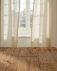 Poster - Warm Rustic Oak Tabletop with Sunlight Streaming Through Window, Perfect for Product Mockups and Backdrops