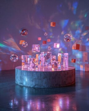 Vibrant Futuristic Concrete Podium with Floating Geometric Shapes and Dynamic Lighting Creating a Captivating Display