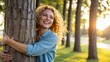 © David Zarzosa - Smiling woman hugging tree in park with sunlight shining through forest, symbolizing nature connection and environmental care.