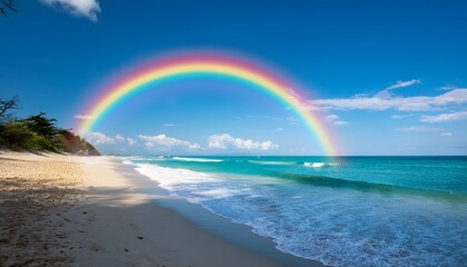 Wall Mural - a vivid rainbow arcs gracefully over a serene beach scene with a clear blue sky and gentle waves