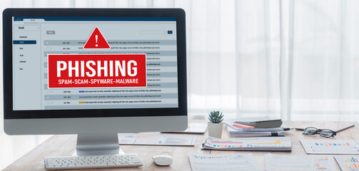 Poster - Cyber security software show alert of cyber attack for protection brisk. Danger from virus, phishing and cyber fraud.