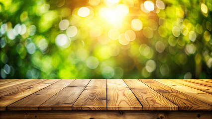 Poster - Wooden table surface with blurred green and yellow bokeh background in a bright outdoor setting