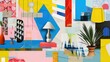 © Eireen - Abstract modern furniture collage interior scene with vibrant geometric shapes and textured background with colorful paint splashes