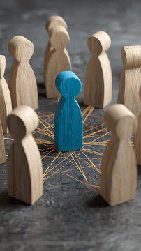 Blue figure surrounded by wooden figures connected by threads connection network