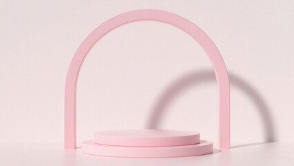 Poster - Minimalist pink product display podium with arch and soft shadows on a light pink background