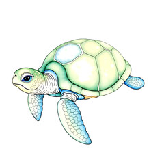 Poster - Illustration of a light green sea turtle with blue accents on transparent background