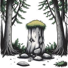 Poster - Illustration of a moss covered stone pillar in a forest with tall trees around on transparent background