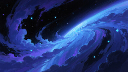 Aufkleber - An illustration of a swirling galaxy with stars and clouds in shades of blue and purple tones
