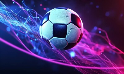Fototapete - Close up of a soccer ball surrounded by abstract blue and pink glowing lines art