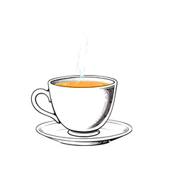 Poster - A black cup of tea with steam rising on a saucer against on transparent background