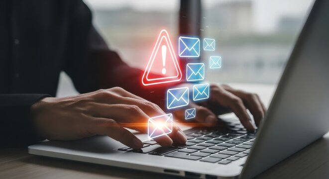 Photo of a persons hands typing on a laptop keyboard with a glowing red warning sign and email icons symbolizing cybersecurity threats and digital communication