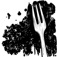 Poster - A stark black and white image featuring a fork and abstract splatter elements around on transparent background