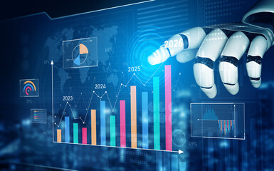 Poster - AI artificial intelligence powers business growth with predictive planning tools, innovation roadmaps, and smart virtual assistants to guide success by 2025. Vouch