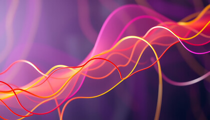 Leinwandbilder - Abstract lines in red, orange, and pink glow softly on a purple gradient background, creating a vibrant and flowing design suitable for modern graphics.