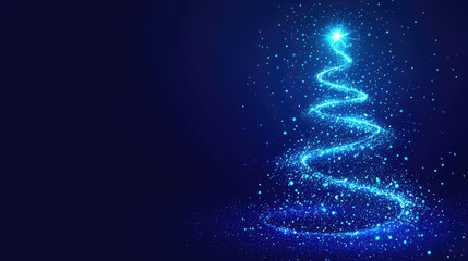 Wall Mural - blue glowing neon christmas tree in minimalist abstract design, elegant fir illustration with copy s
