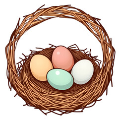 Poster - A cartoon illustration of a nest containing four colorful easter eggs inside it on transparent background