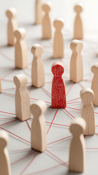 Isolated red figure among wooden figures connected by red threads image