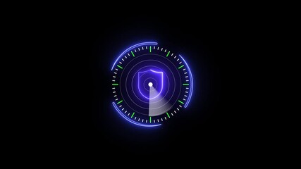 Poster - Futuristic digital security radar screen scanning data on black background. Security radar scanning digital shield with glowing neon interface and circular HUD animation.