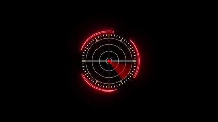 Fototapete - Animated red target reticle with futuristic design on black background. Futuristic red target reticle with glowing HUD animation and digital tracking loop. Radar screen using for detective enemy.