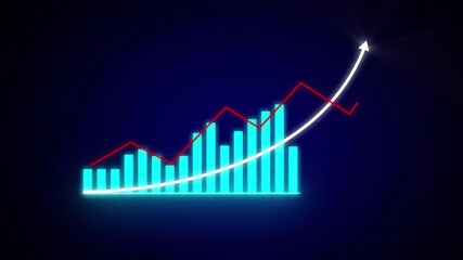 Poster - Finance stock market animation with glowing neon arrow and rising bar graph showing growth and success. Animated financial data chart showing increasing trends and market growth concepts.