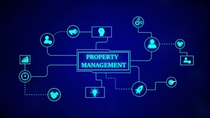 Poster - Animated property management concept on a dark blue background with data flow. Property management animation with digital flowchart and modern network visualization for real estate business.