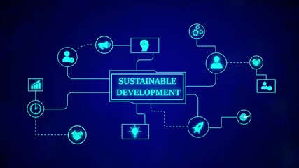 Fototapete - Sustainable development concept with connected lines. Sustainable development animation with neon digital network and glowing infographic illustrating eco-friendly business growth.