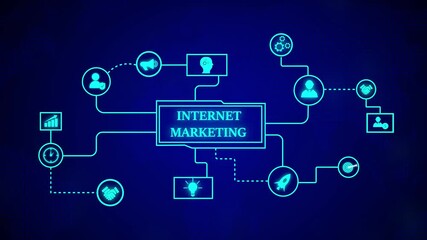 Fototapete - Conceptual illustration of internet marketing diagram on a dark blue background. Internet marketing animation with glowing neon network and futuristic digital data visualization.
