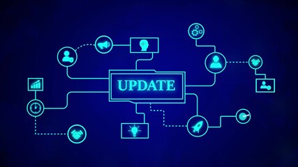 Fototapete - Abstract digital design with the word update and futuristic connection. Update animation with digital futuristic blue neon glow and abstract network connection visualization.