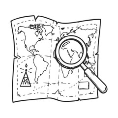 Poster - World map sketch with magnifying glass highlighting africa and tent symbol
