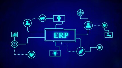 Poster - Animated illustration of enterprise resource planning software. Erp enterprise resource planning software technology business system management network digital futuristic animation.