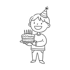 Poster - Happy child holding birthday cake with candles and wearing party hat illustration