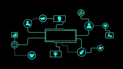 Fototapete - Abstract tech visualization with lines and shapes on black background. Abstract tech network animation. Neon blue digital design illustrating futuristic data connections.