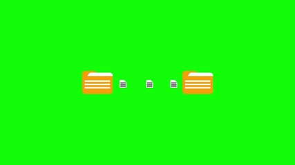 Poster - Data transfer animation. Minimalist design illustrating file exchange and network communication process. Digital data transfer process depicted with folder and file animated icons on green screen.
