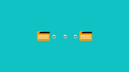 Poster - Animated documents transferring between two digital file folders. Document file transfer animation. Modern flat vector design illustrating cloud sharing and network connection.