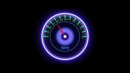 Poster - Animated neon speedometer depicting vehicle acceleration against a black background. Neon speedometer animation. Futuristic digital gauge illustrating vehicle speed and dynamic motion.