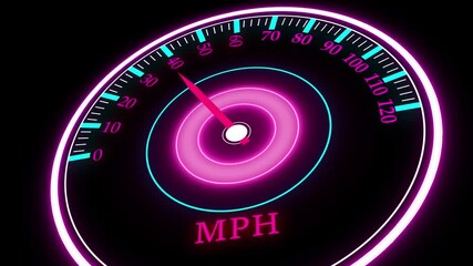 Poster - Digital speedometer animation. Futuristic gauge illustrating car velocity and dashboard performance. Neon speedometer displaying current speed reaching seventy miles per hour